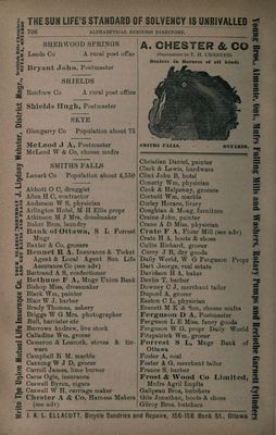 Smiths Falls description and business listing, Farmers' and business directory: for the Counties of Carleton, Dundas, Glengarry, Grenville, Lanark, Leeds, Prescott, Grenville, Russell and Stormont, 1904