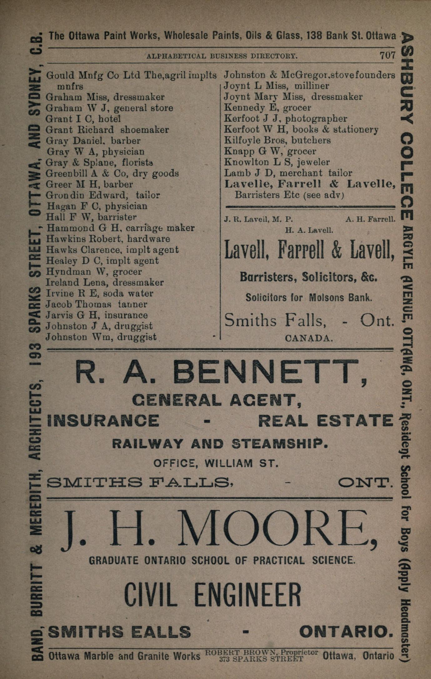 Smiths Falls description and business listing, Farmers' and business directory: for the Counties of Carleton, Dundas, Glengarry, Grenville, Lanark, Leeds, Prescott, Grenville, Russell and Stormont, 1904