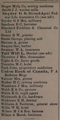 Smiths Falls description and business listing, Farmers' and business directory: for the Counties of Carleton, Dundas, Glengarry, Grenville, Lanark, Leeds, Prescott, Grenville, Russell and Stormont, 1904