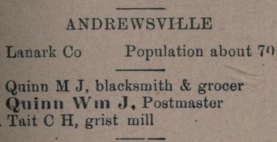 Andrewsville business listings, Farmers' and business directory: for the Counties of Carleton, Dundas, Glengarry, Grenville, Lanark, Leeds, Prescott, Grenville, Russell and Stormont, 1904