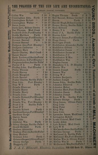 North Elmsley resident listings, Farmers' and business directory: for the Counties of Carleton, Dundas, Glengarry, Grenville, Lanark, Leeds, Prescott, Grenville, Russell and Stormont, 1904, p.240 B