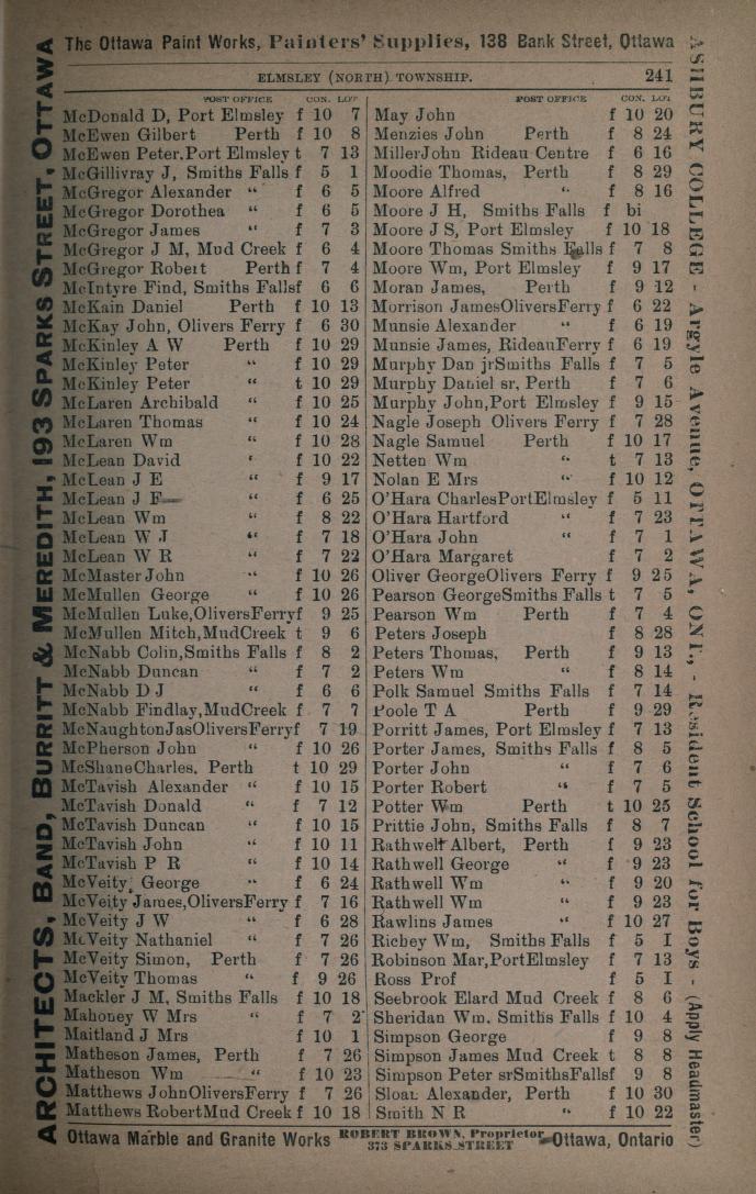 North Elmsley resident listings, Farmers' and business directory: for the Counties of Carleton, Dundas, Glengarry, Grenville, Lanark, Leeds, Prescott, Grenville, Russell and Stormont, 1904, p.241 B