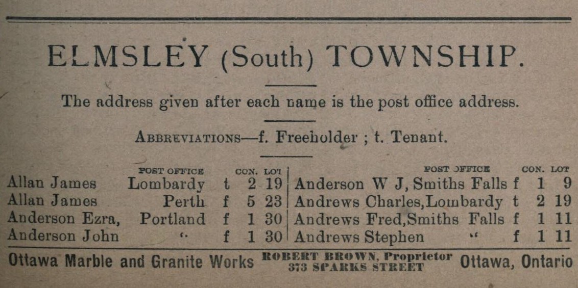 South Elmsley resident listings, Farmers' and business directory: for the Counties of Carleton, Dundas, Glengarry, Grenville, Lanark, Leeds, Prescott, Grenville, Russell and Stormont, 1904