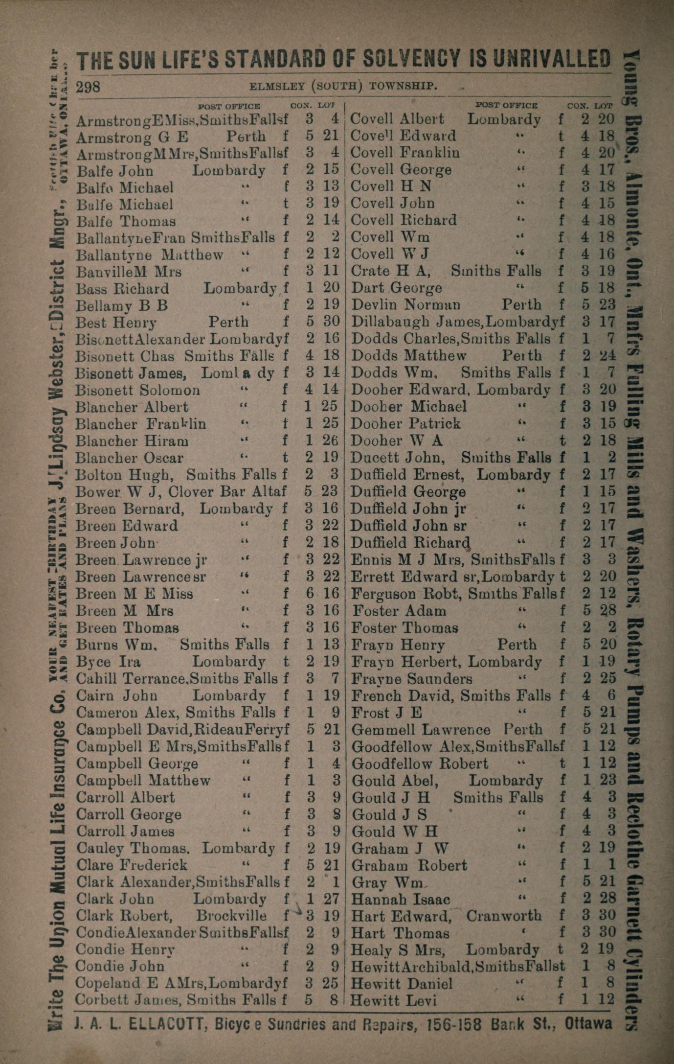 South Elmsley resident listings, Farmers' and business directory: for the Counties of Carleton, Dundas, Glengarry, Grenville, Lanark, Leeds, Prescott, Grenville, Russell and Stormont, 1904