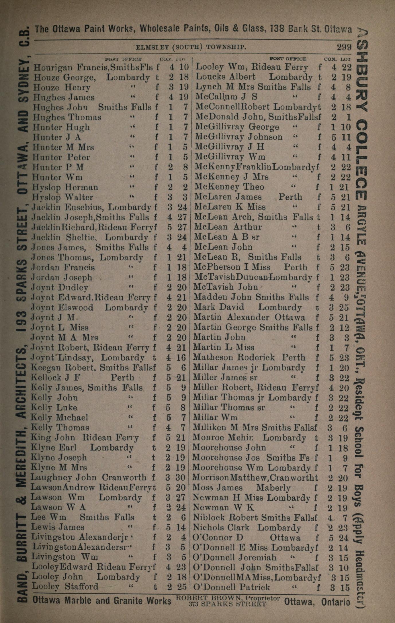 South Elmsley resident listings, Farmers' and business directory: for the Counties of Carleton, Dundas, Glengarry, Grenville, Lanark, Leeds, Prescott, Grenville, Russell and Stormont, 1904