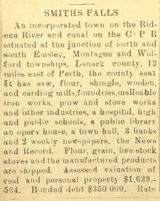 Smiths Falls description, Province of Ontario gazetteer and directory, 1910-11