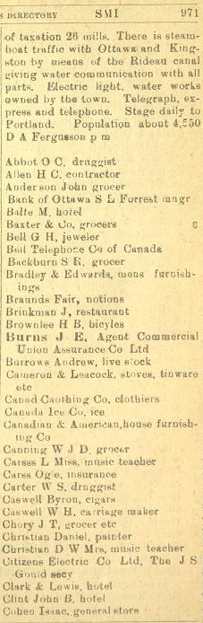 Smiths Falls description and business owners listing, Province of Ontario gazetteer and directory, 1910-11