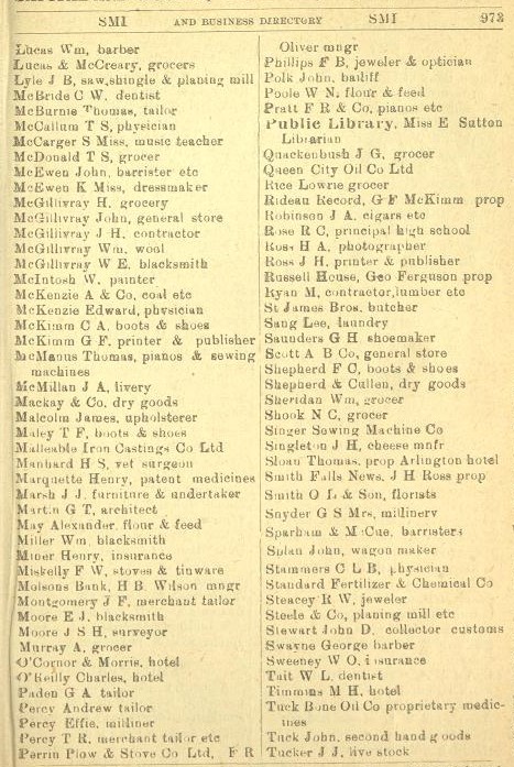 Smiths Falls business owners listing, Province of Ontario gazetteer and directory, 1910-11