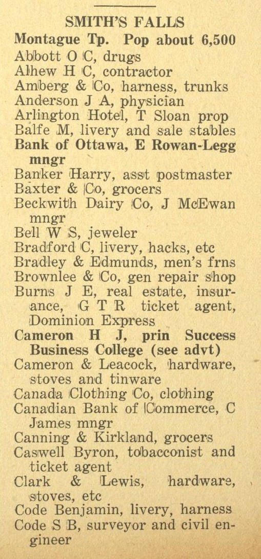 Smiths Falls business listing, Montague Township, Vernon's farmers' and business directory for the counties of Carleton, Dundas, Glengarry, Lanark, Prescott, Renfrew, Russell and Stormont, 1916