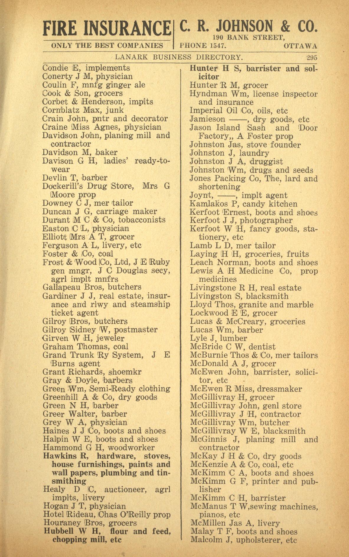 Smiths Falls business listing, Montague Township, Vernon's farmers' and business directory for the counties of Carleton, Dundas, Glengarry, Lanark, Prescott, Renfrew, Russell and Stormont, 1916