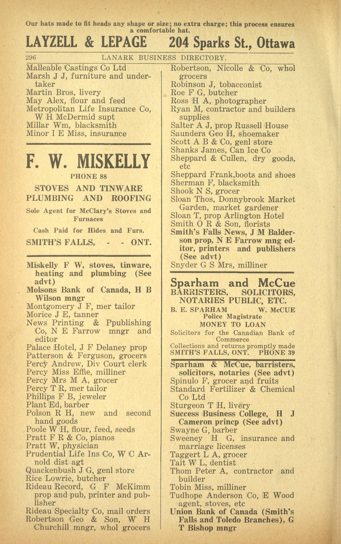 Smiths Falls business listing, Vernon's farmers' and business directory for the counties of Carleton, Dundas, Glengarry, Lanark, Prescott, Renfrew, Russell and Stormont, 1916