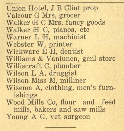 Smiths Falls business listing, Vernon's farmers' and business directory for the counties of Carleton, Dundas, Glengarry, Lanark, Prescott, Renfrew, Russell and Stormont, 1916