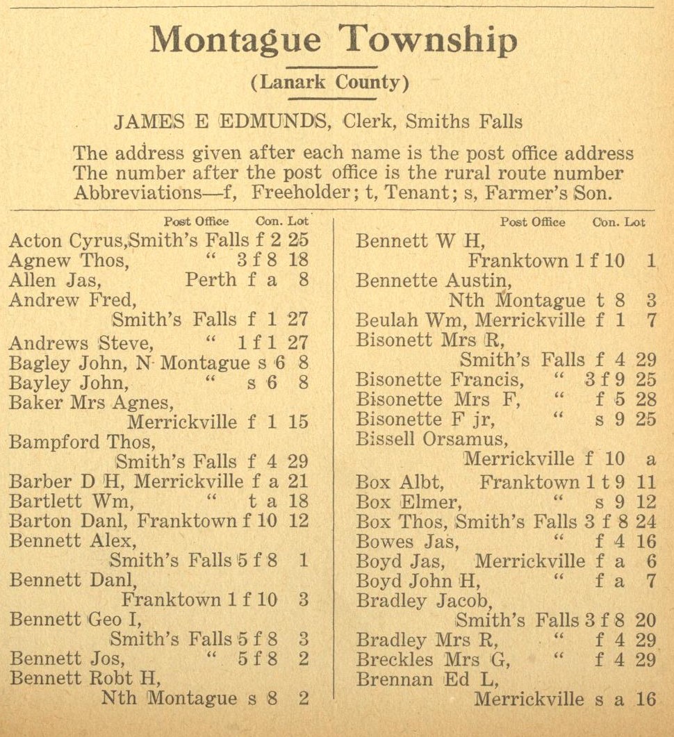 Resident listing, Montague Township, Vernon's farmers' and business directory for the counties of Carleton, Dundas, Glengarry, Lanark, Prescott, Renfrew, Russell and Stormont, 1916