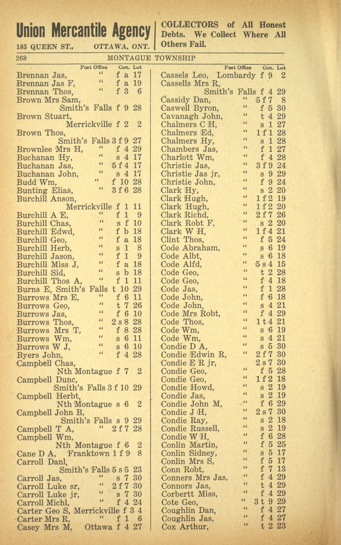 Resident listing, Montague Township, Vernon's farmers' and business directory for the counties of Carleton, Dundas, Glengarry, Lanark, Prescott, Renfrew, Russell and Stormont, 1916