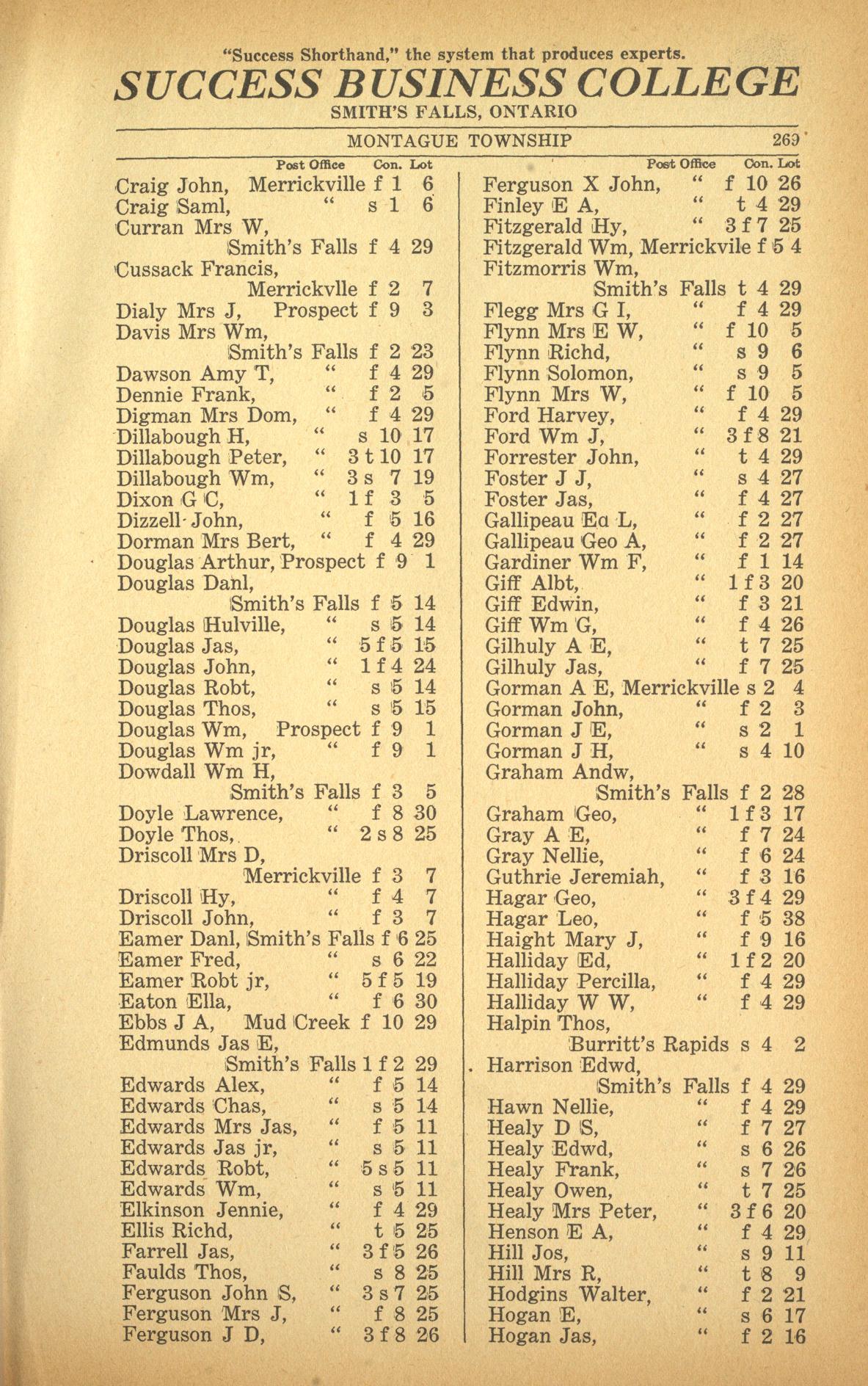 Resident listing, Montague Township, Vernon's farmers' and business directory for the counties of Carleton, Dundas, Glengarry, Lanark, Prescott, Renfrew, Russell and Stormont, 1916