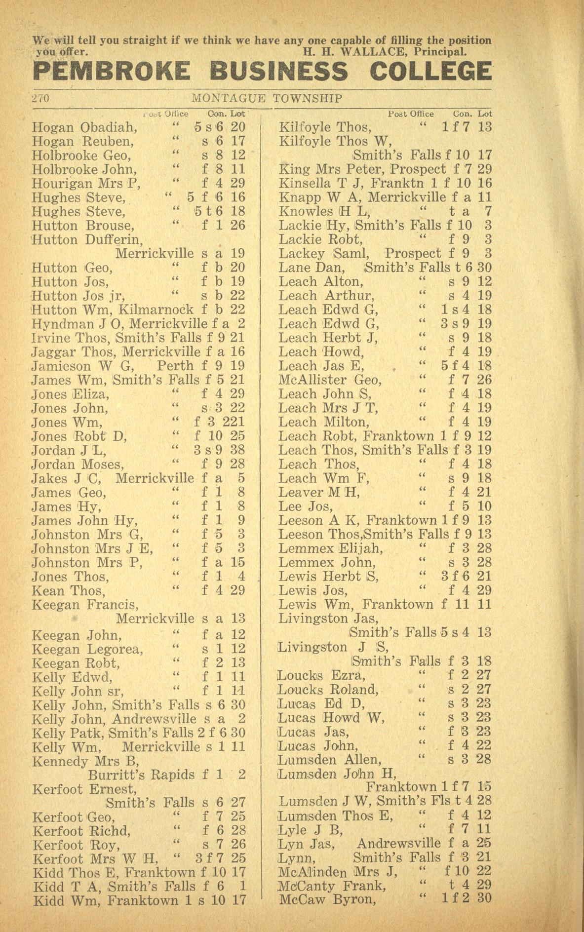 Resident listing, Montague Township, Vernon's farmers' and business directory for the counties of Carleton, Dundas, Glengarry, Lanark, Prescott, Renfrew, Russell and Stormont, 1916