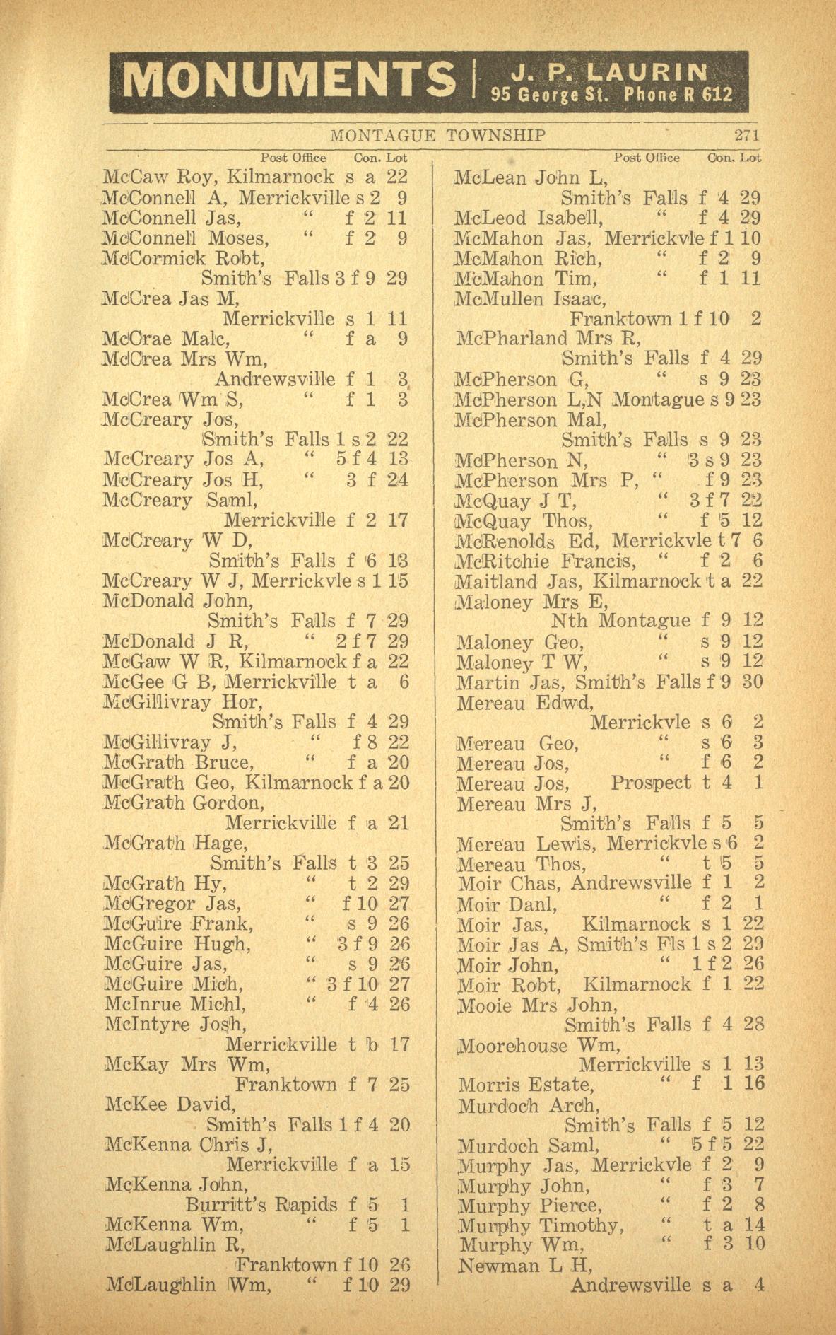 Resident listing, Montague Township, Vernon's farmers' and business directory for the counties of Carleton, Dundas, Glengarry, Lanark, Prescott, Renfrew, Russell and Stormont, 1916