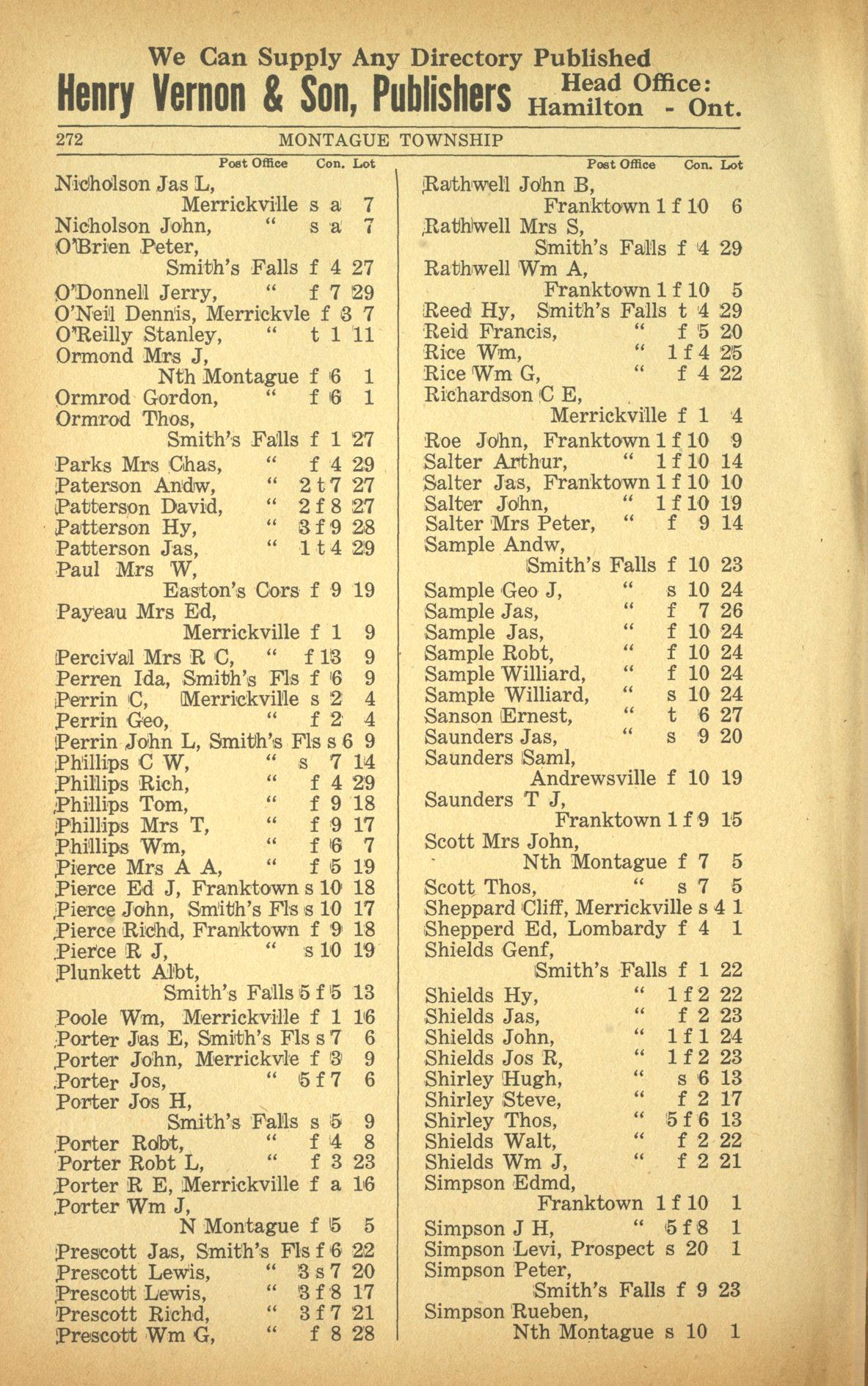 Resident listing, Montague Township, Vernon's farmers' and business directory for the counties of Carleton, Dundas, Glengarry, Lanark, Prescott, Renfrew, Russell and Stormont, 1916