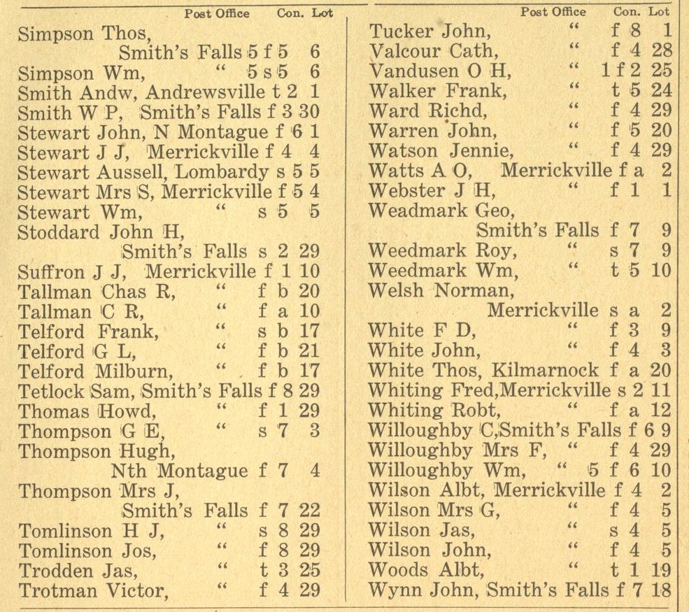 Resident listing, Montague Township, Vernon's farmers' and business directory for the counties of Carleton, Dundas, Glengarry, Lanark, Prescott, Renfrew, Russell and Stormont, 1916