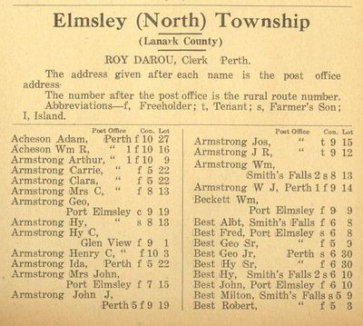 Resident listing, North Elmsley Township, Vernon's farmers' and business directory for the counties of Carleton, Dundas, Glengarry, Lanark, Prescott, Renfrew, Russell and Stormont, 1916