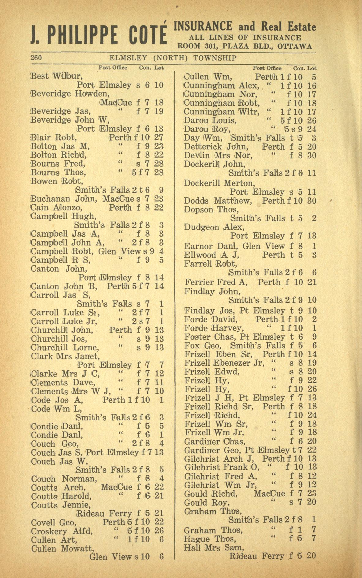 Resident listing, North Elmsley Township, Vernon's farmers' and business directory for the counties of Carleton, Dundas, Glengarry, Lanark, Prescott, Renfrew, Russell and Stormont, 1916