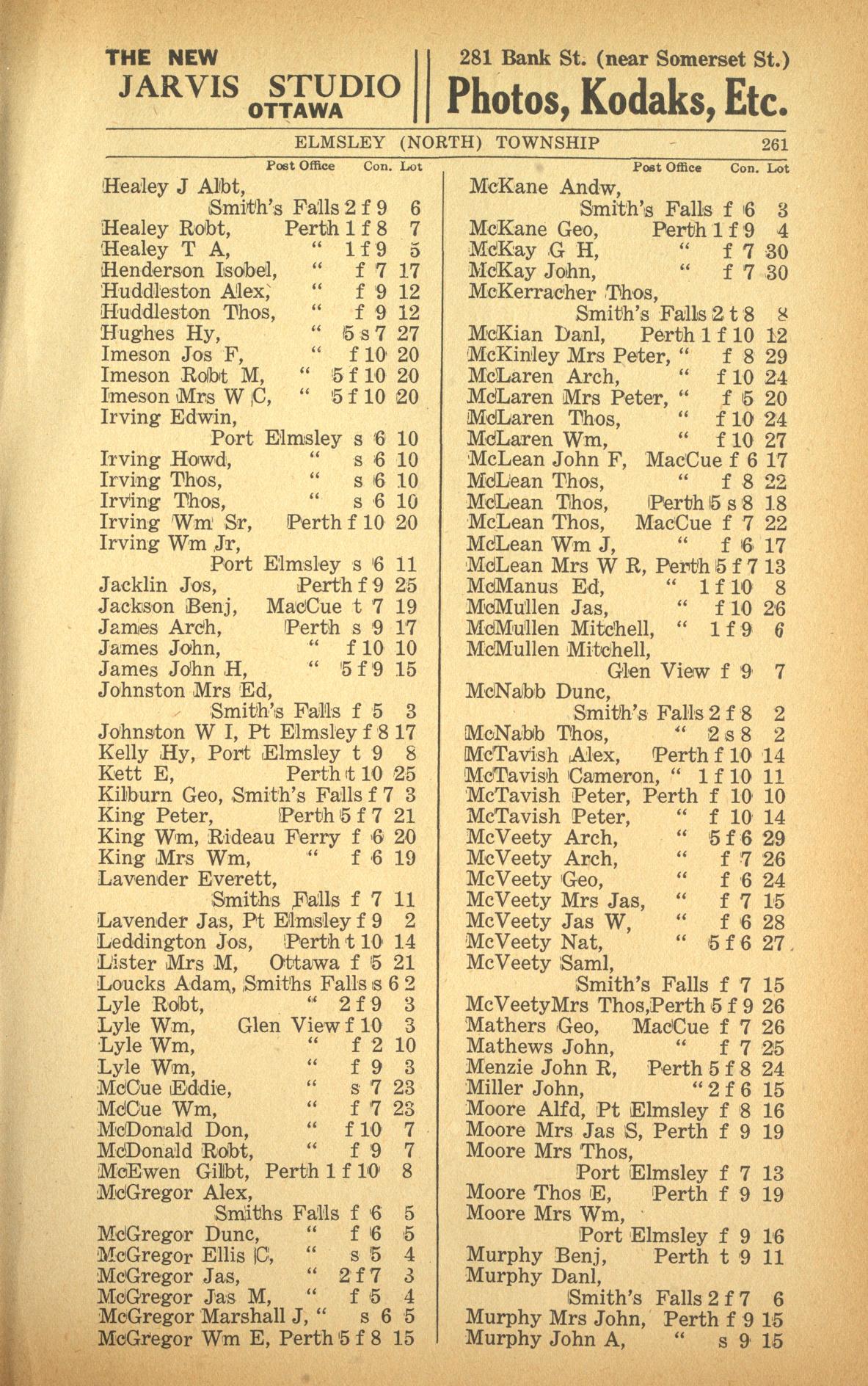 Resident listing, North Elmsley Township, Vernon's farmers' and business directory for the counties of Carleton, Dundas, Glengarry, Lanark, Prescott, Renfrew, Russell and Stormont, 1916