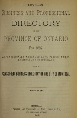 Lovell's Business and Professional Directory of the Province of Ontario, for 1882