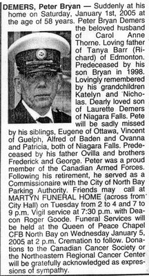 Nécrologie / Obituary Peter Bryan Demers