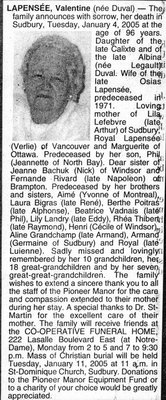 Nécrologie / Obituary Valentine Lapensée (née Duval)