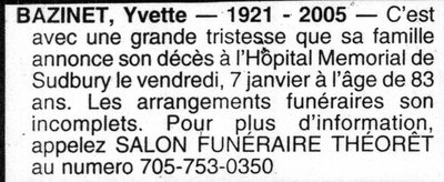 Nécrologie / Obituary Yvette Bazinet