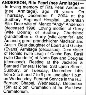 Nécrologie / Obituary Rita Pearl Anderson (née Armitage)