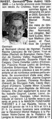 Nécrologie / Obituary Germaine Rivest (née Aubin)