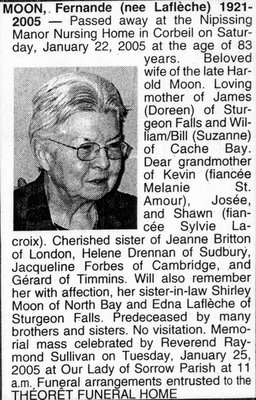 Nécrologie / Obituary Fernande Moon (née Laflèche)
