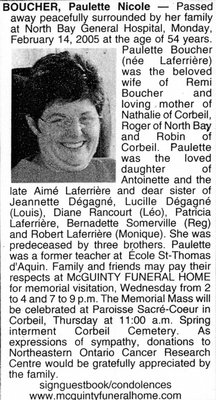 Nécrologie / Obituary Paulette Nicole Boucher (née Laferrière)