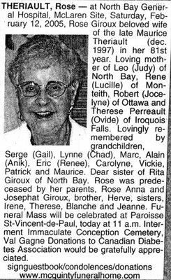 Nécrologie / Obituary Rose Theriault