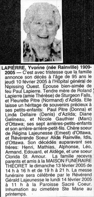 Nécrologie / Obituary Yvonne Lapierre (née Rainville)