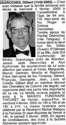 Nécrologie / Obituary Gilbert Desroches