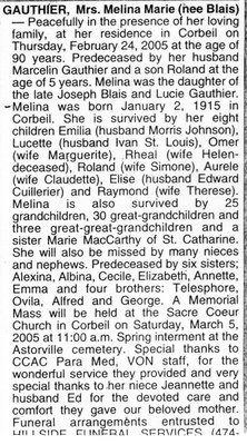 Nécrologie / Obituary Melina Marie Gauthier (née Blais)