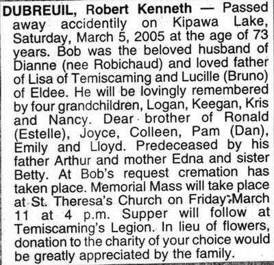 Nécrologie / Obituary Robert Kenneth Dubreuil