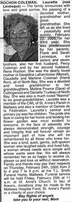 Nécrologie / Obituary Laurette Rochon-Coleman (née Levesque)