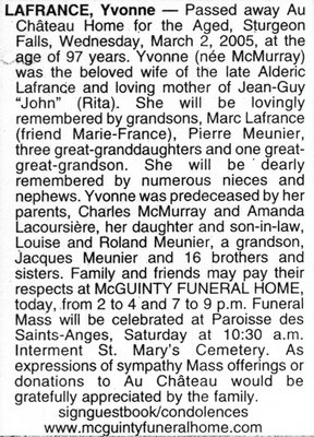 Nécrologie / Obituary Yvonne Lafrance