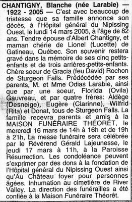 Nécrologie / Obituary Blanche Chantigny (née Larabie)