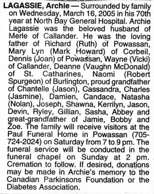 Nécrologie / Obituary Archie Lagassie