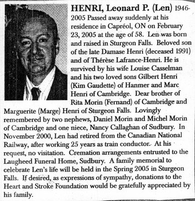 Nécrologie / Obituary Leonard P. (Len) Henri