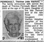 Nécrologie / Obituary Thérèse Perreault (née Vachon)