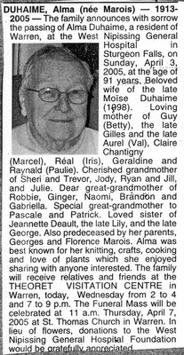 Nécrologie / Obituary Alma Duhaime (née Marois)