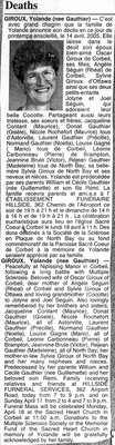 Nécrologie / Obituary Yolande Giroux (née Gauthier)