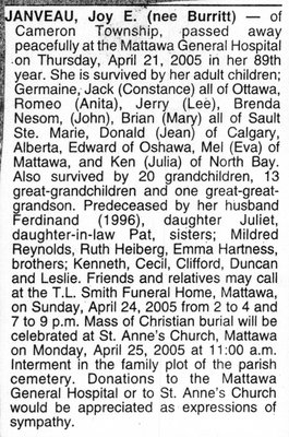 Nécrologie / Obituary Joy E. Janveau (née Burritt)