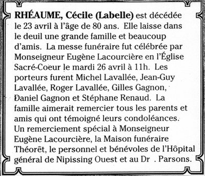 Nécrologie / Obituary Cécile Rhéaume (Labelle)