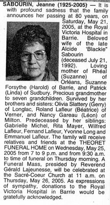 Nécrologie / Obituary Jeanne Sabourin